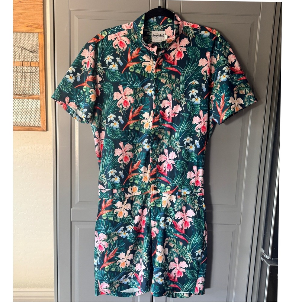 RomperJack Mens Tropical Hibiscus Floral Romper, Green Multi,L